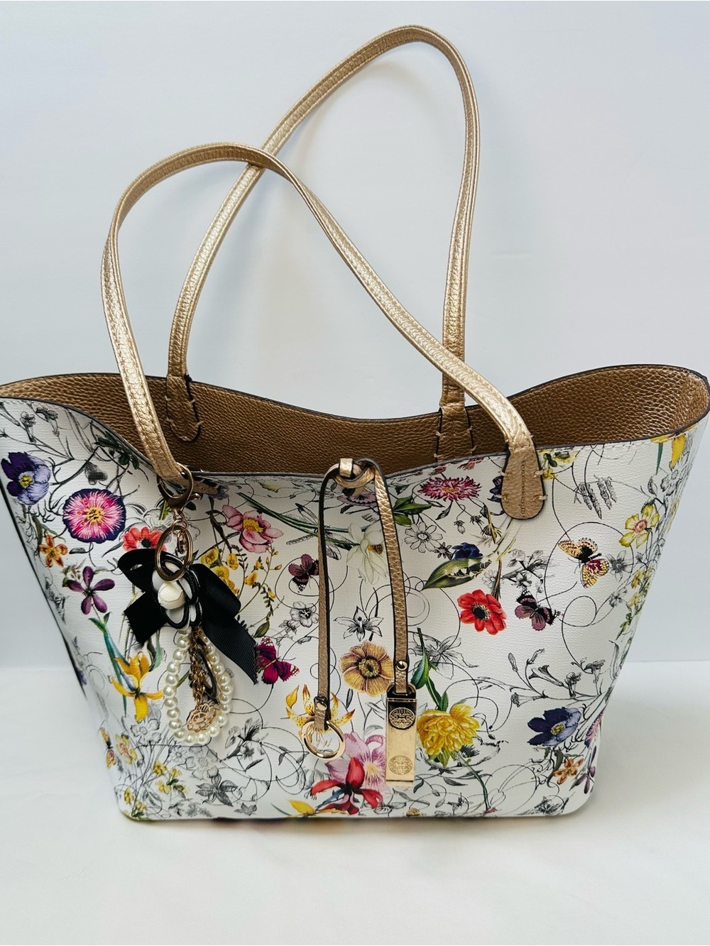 Floral Print Reversible Tote Bag with Gold Trim